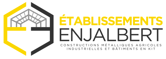 Logo Établissements Enjalbert construction métallique, grand E stylisé jaune, identité professionnelle dans le Tarn